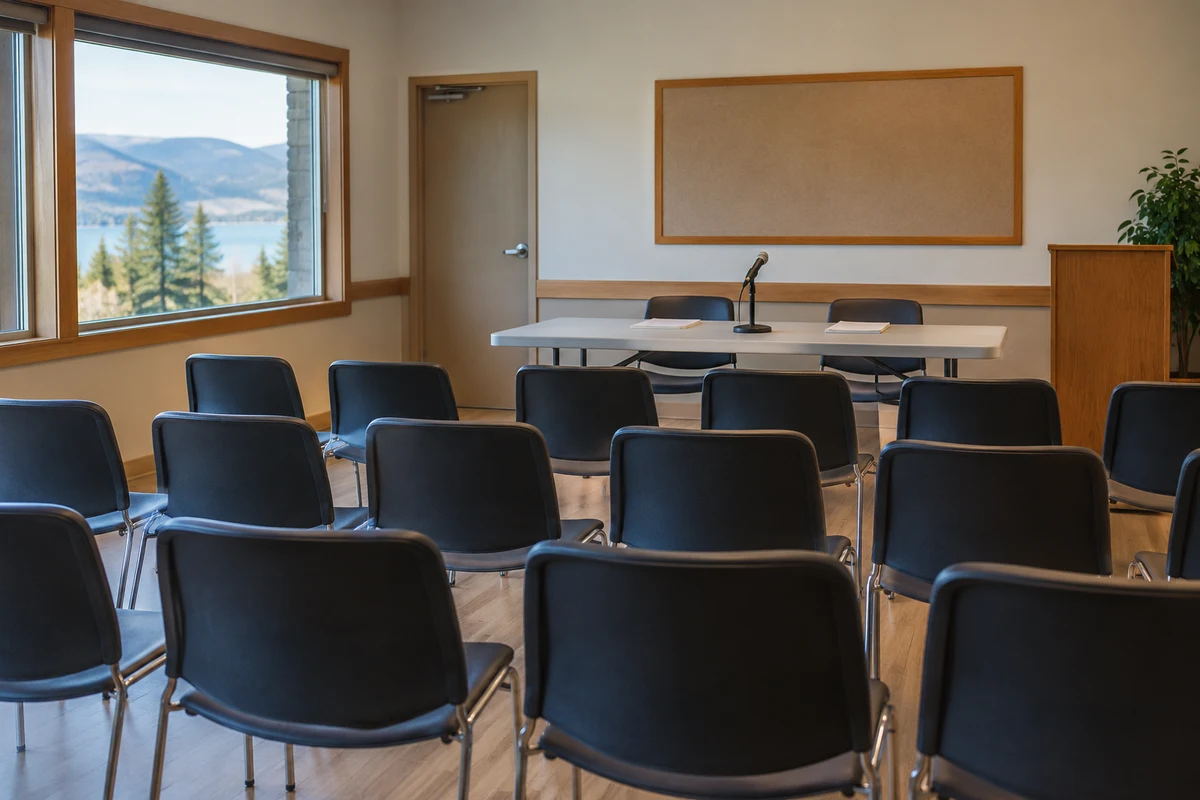 An empty public meeting room with rows of chairs and a microphone.