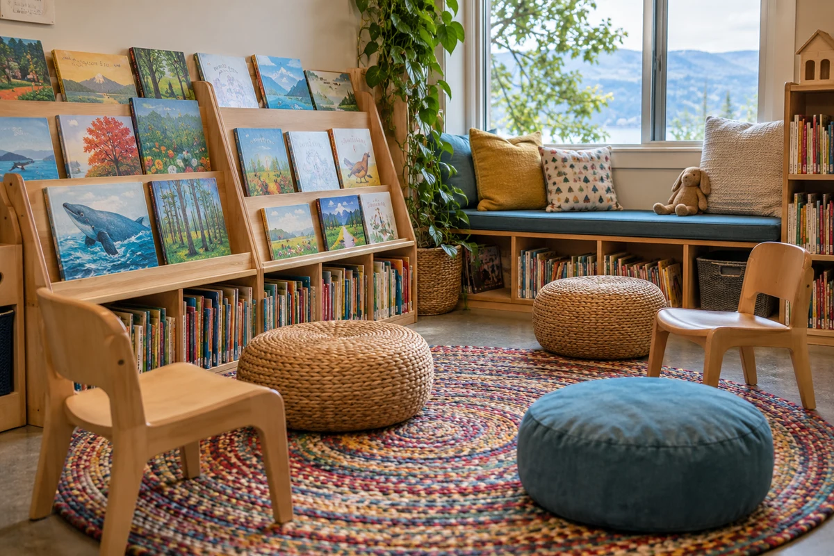 Picture books and small seats in a library storytime area.