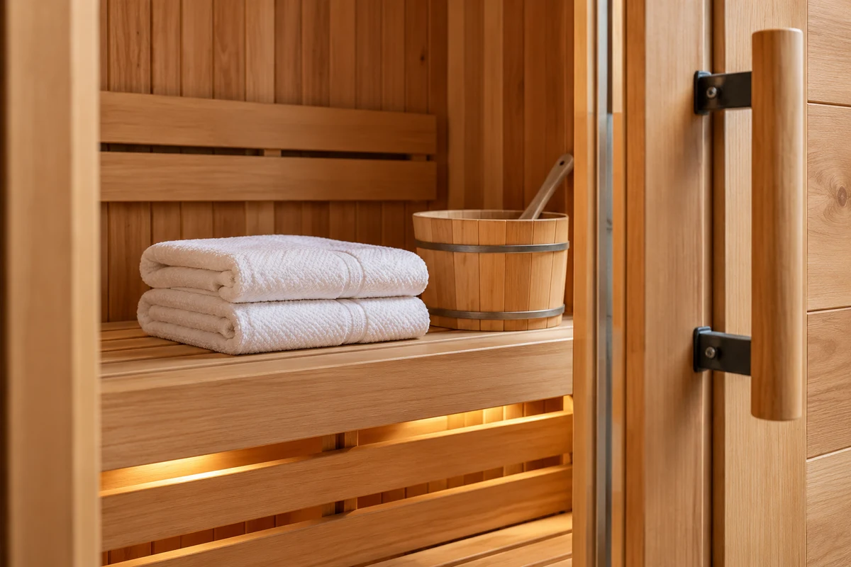 A cedar sauna doorway with folded linen towels and a wooden bucket.