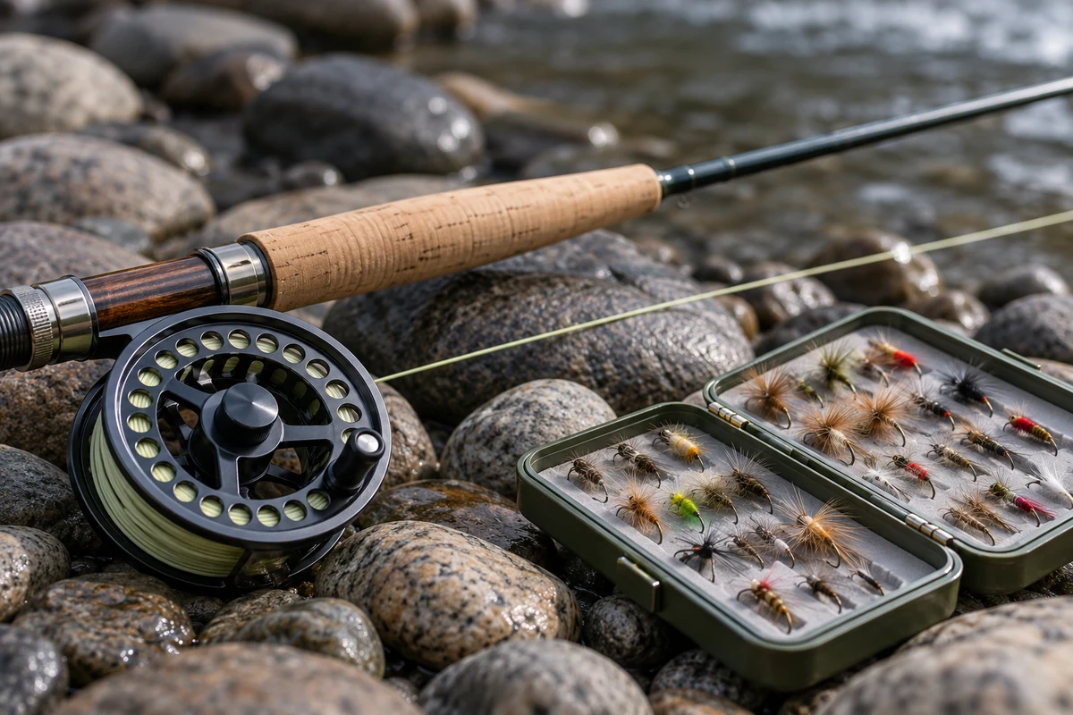 A fly rod and hand-tied flies beside a river with smooth stones.