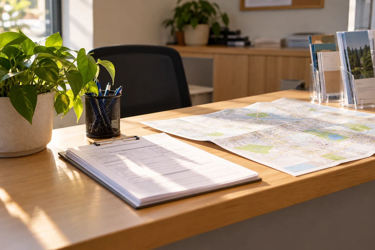 A small civic service counter, simple paper forms and a town map, warm sunlight through a window.