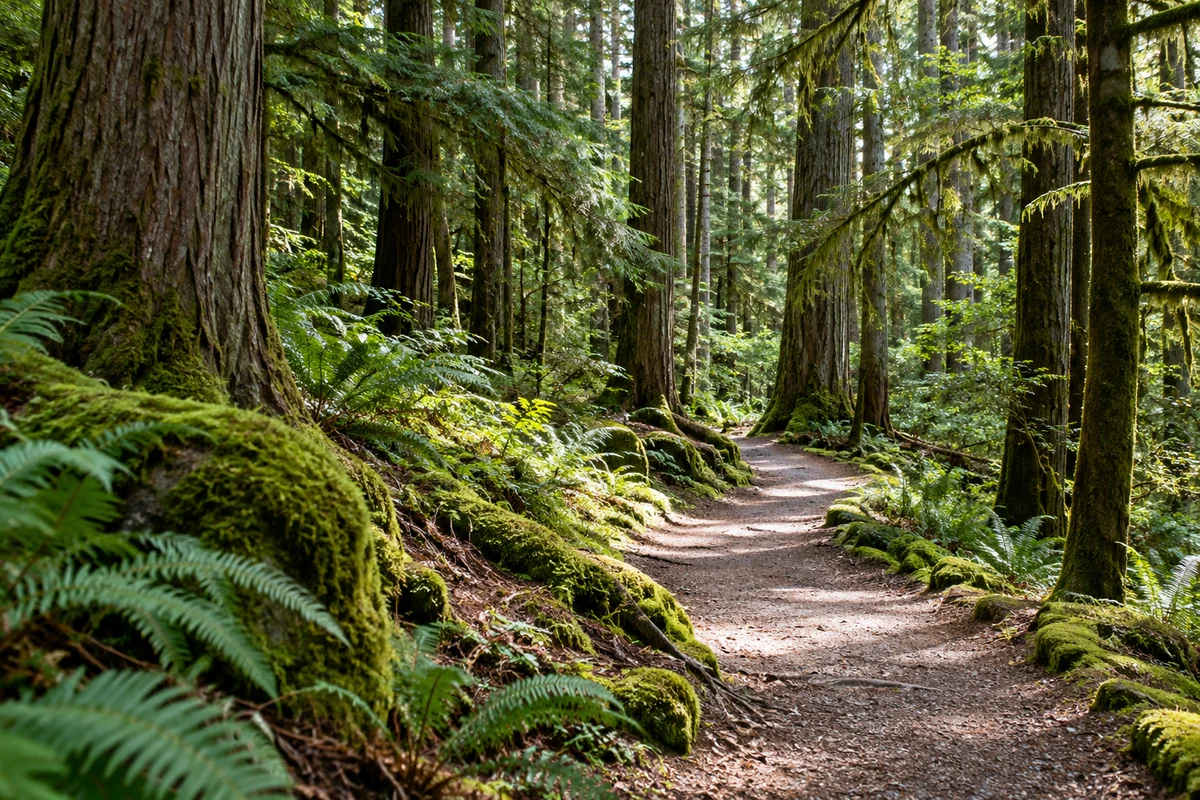 A winding path through tall cedar and spruce trees, wet moss and filtered light.