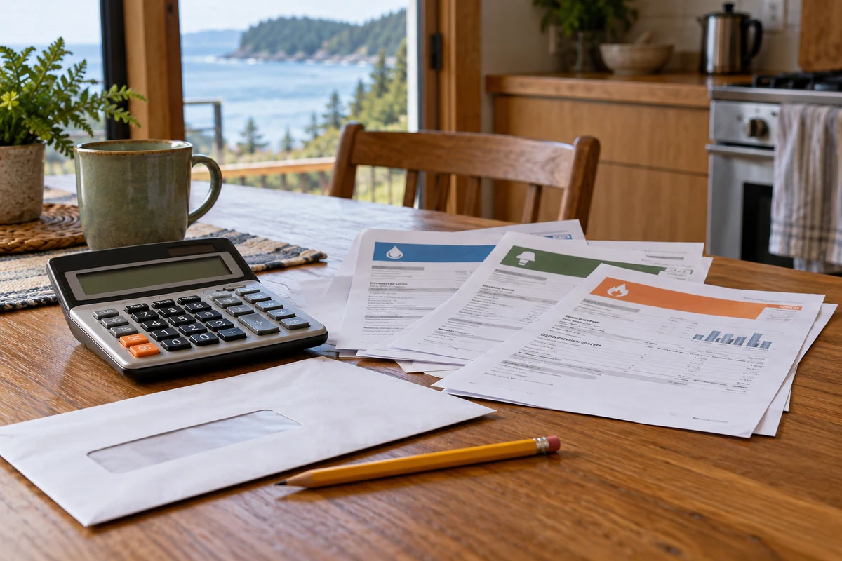 A calculator, household utility bills, envelope and pencil on a kitchen table.