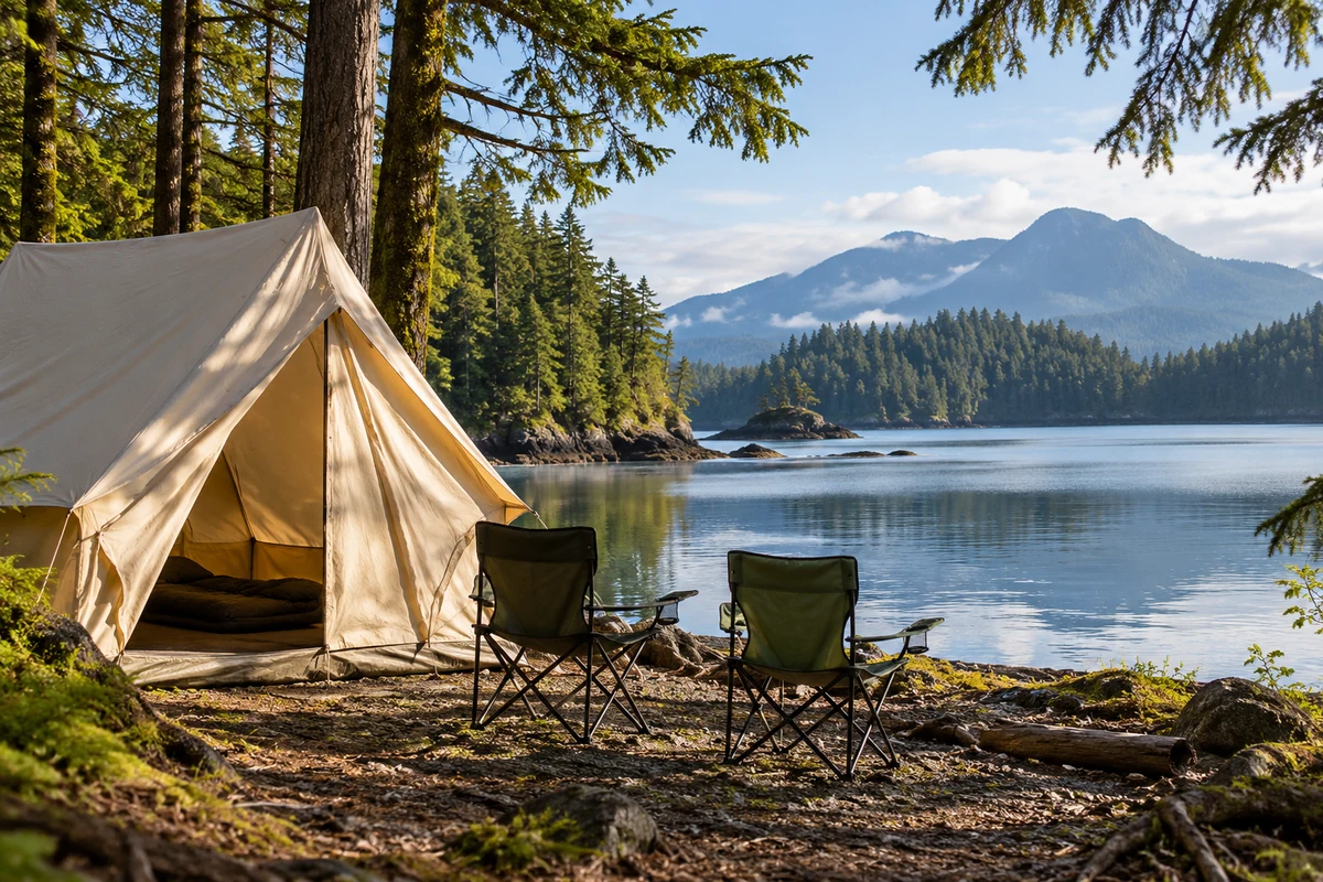 A canvas tent and folding camp chairs beside a calm forest lake.