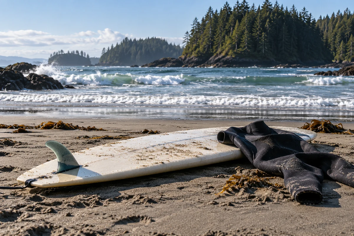 A surfboard resting in sand beside a wetsuit and rolling Pacific waves.