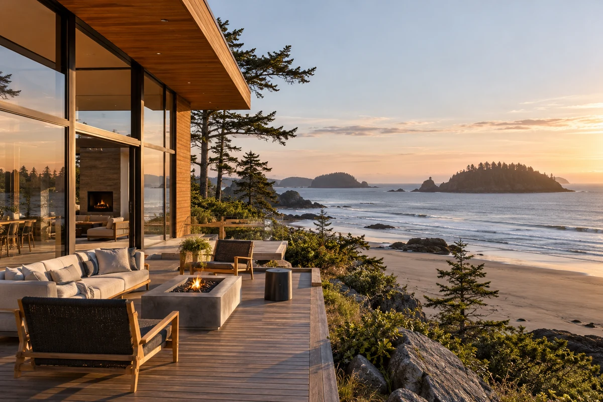 A contemporary coastal home overlooking a Pacific beach.